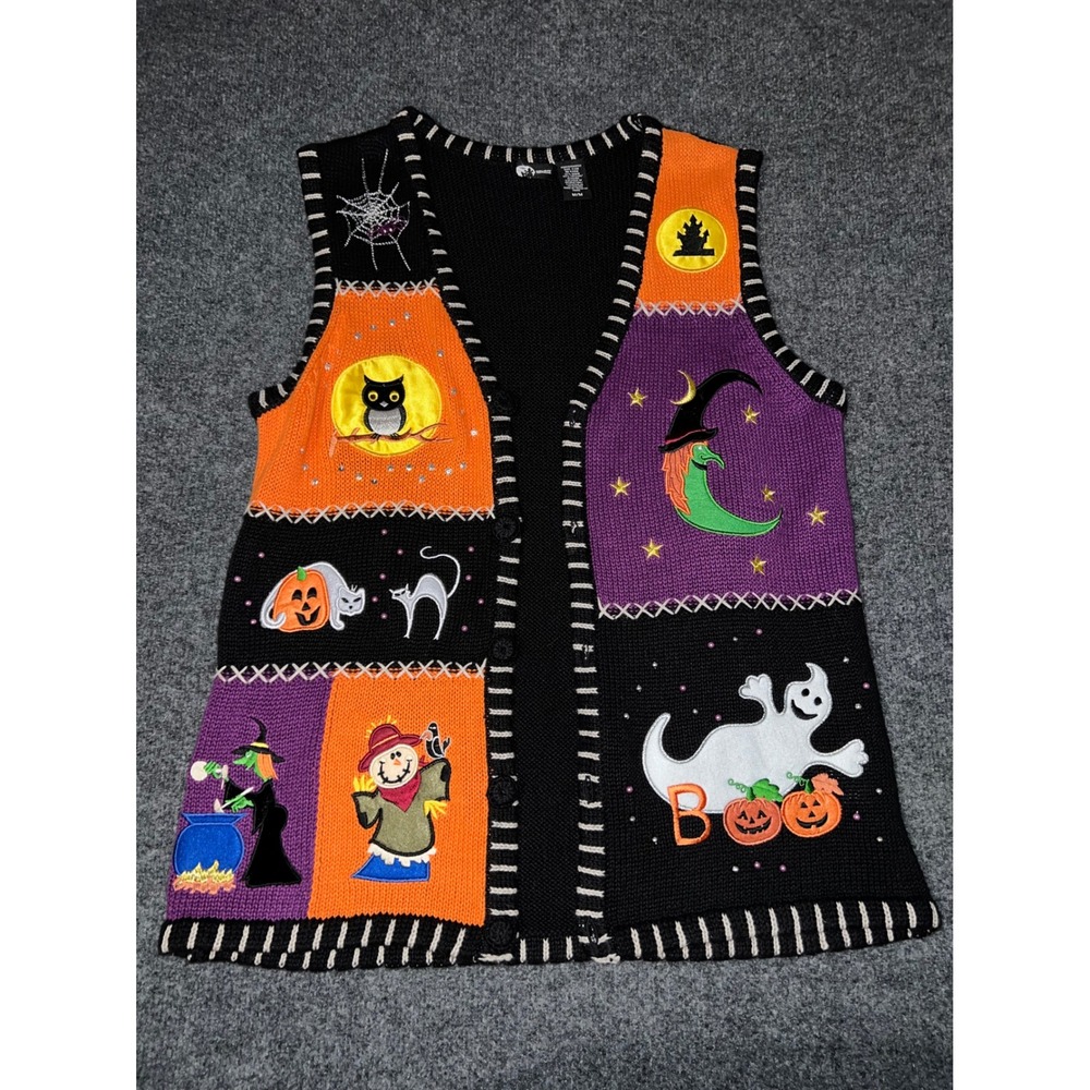Holiday Editions Halloween Sweater Vest Medium Black Patchwork Ghost Witch Owl